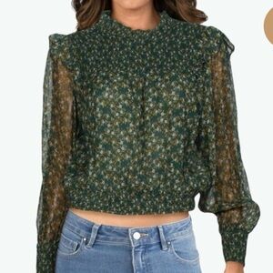 Free People Roma Smocked Blouse Top Chiffon Floral Green M